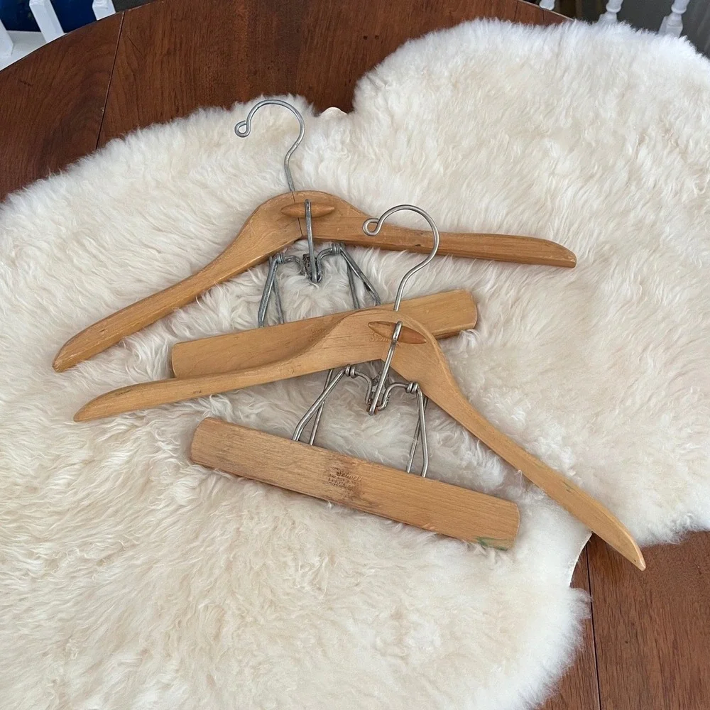2 Vintage Wooden Suit Hangers with Trouser Clamps, Branded Mid Century Decor